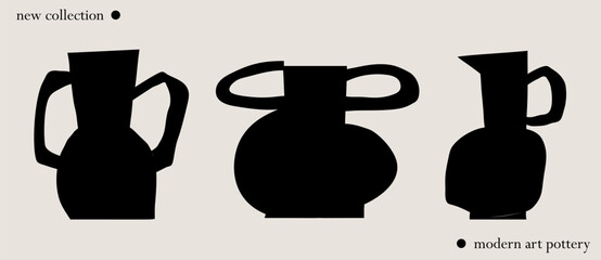A collection of black silhouette cutouts of modern vases and vessels on a light beige background hand drawn in abstract and minimalist style. Vector home decor, ad, social media illustration poster