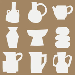 Modern art cutout minimalist design white vases silhouettes on a dark beige background in a flat style. Vector seamless pattern