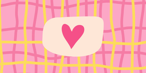 Vector hand-drawn minimalist cover template with pastel pink and yellow tones, wavy lines checker pattern and a pink heart. Trendy, playful designs for social media, stationery, branding. Valentine's