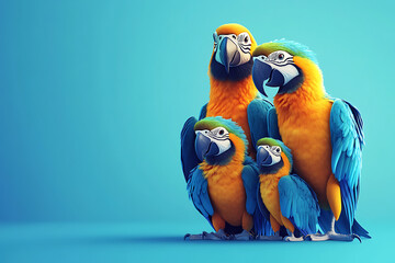 Colorful parrots standing together against a vibrant blue background, showcasing their feathers and expressions