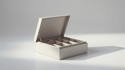 Fototapeta premium Elegant open jewelry box with compartments displayed on a neutral background in soft lighting