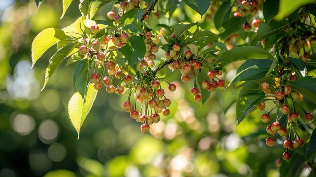 A capulin cherry tree in full bloom, with small red fruits hanging among the leaves