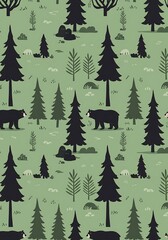 Seamless Pattern: Green Forest with Black Bears