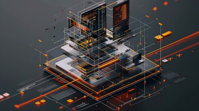 A website being built and exploded out in a diagram showing the layers of the website, Generative AI Videos.