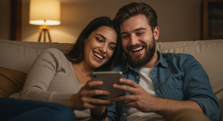 Couple s cozy night in sharing laughs and a phone screen Warm lighting soft focus