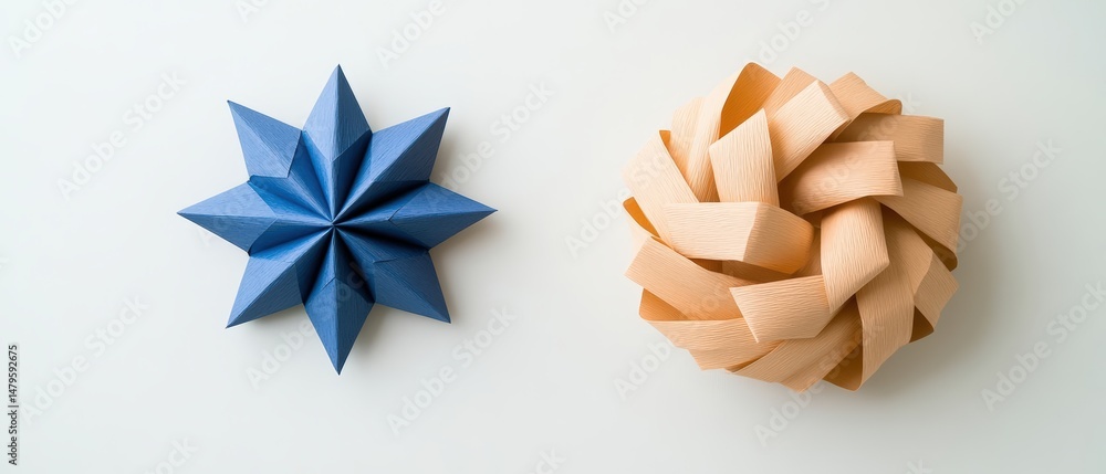 Aufkleber two abstract geometric objects featu intricate folding and edges in blue and beige colors