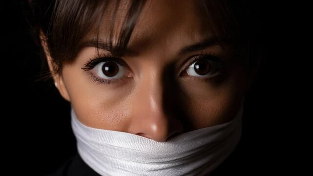 A captive woman with her mouth tied looks at the camera in a dark oppressive atmosphere, themes of struggle and survival