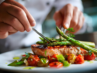 Chef Preparing a Gourmet Meal with Fresh Grilled Ingredients in a Restaurant