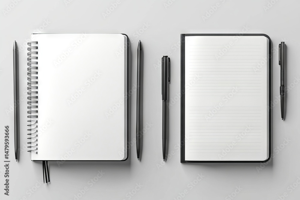 Poster a photorealistic mockup of a blank notebook is set against a light grey background in a front view