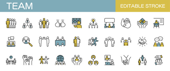 Colored team icon set. Business, businessman, teamwork, cooperation. Editable stroke. Vector illustration