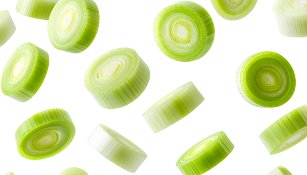 Fresh leek slices falling on transparent background