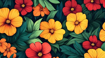 Digital illustration of vibrant red and yellow flowers amid lush green leaves creates a patterned design.