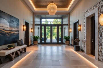 Welcoming Entryway Design with Modern Aesthetics and Eco-Friendly Lighting