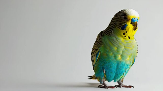 A bright, colorful budgerigar  parakeet against a plain white background, Generative AI Videos.