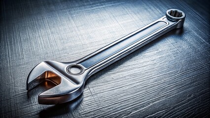 A metallic wrench rests on a brushed steel surface, showcasing its robust construction and precision engineering.  The tool's reflective sheen highlights its intricate details.