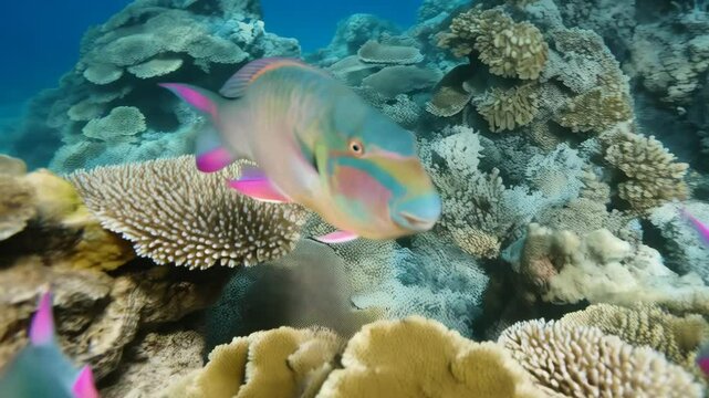 Pair of colorful parrotfish swimming near coral reef structures in natural underwater habitat with clear blue water in tropical ocean.