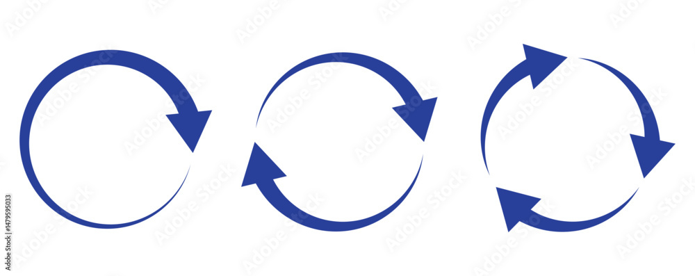 Poster blue circle arrows icon set. round reload sign, repeat icon, rotate arrow symbol, arrow pictogram, r