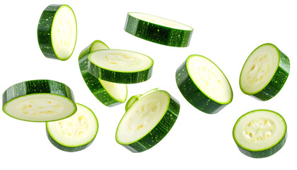 Fresh zucchini slices floating on transparent background