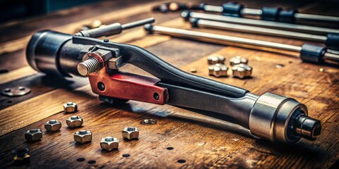 Obraz premium Close-up view of specialized industrial crimping tool resting on weathered wooden workbench with small metal fasteners scattered nearby