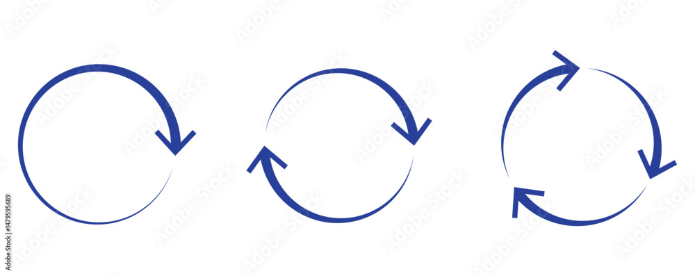 Poster blue circle arrows icon set. round reload sign, repeat icon, rotate arrow symbol, arrow pictogram, r