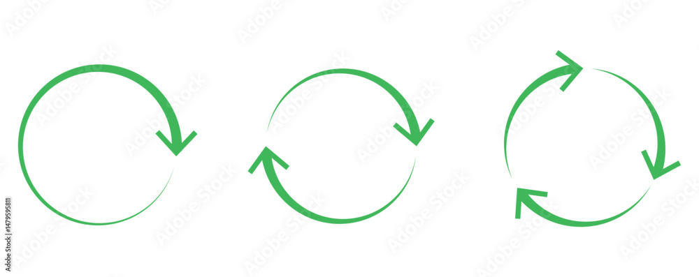 Poster green circle arrows set, loading symbols, arrow recycle, using recycled resources, refresh signs iso