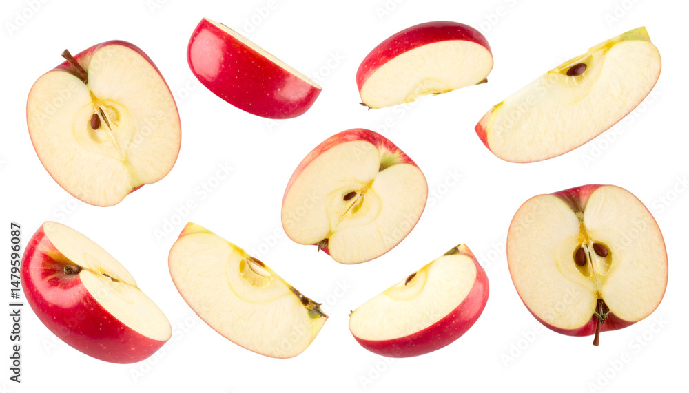 Poster multiple apple slices falling with transparent background