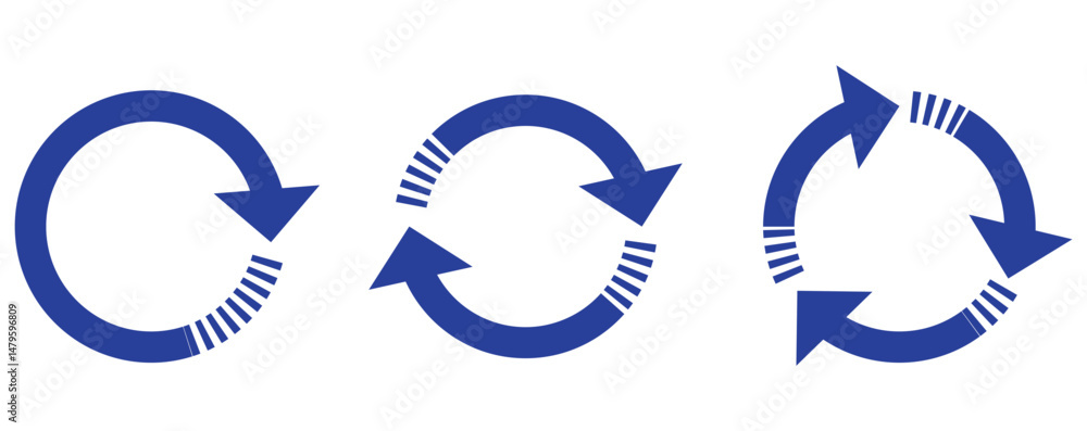 Poster blue circle arrows icon set. round reload sign, repeat icon, rotate arrow symbol, arrow pictogram, r