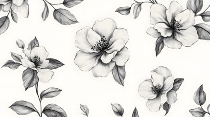 Obraz premium Photograph of black and white illustration depicts detailed floral branches and blossoms in a repeating pattern.