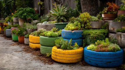 Colorful Recycled Tire Planters Garden Art DIY Tire Projects Creative Gardening Ideas Upcycled Tire Crafts Sustainable Living Outdoor Decor Unique Planter Designs
