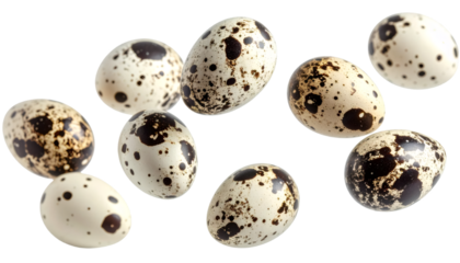 Multiple quail eggs gently drifting on transparent background