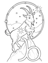 Capricorn Zodiac Goat on Mountain – Celestial Astrology Line Art Coloring Page