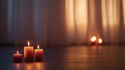 Serene meditation scene featuring glowing candles illuminating tranquil space, creating calming atmosphere