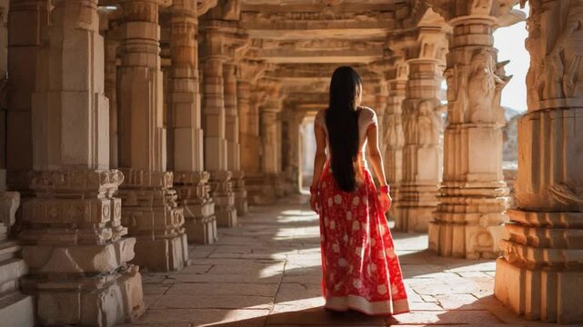 Woman in Red Dress at Ancient Temple: A woman with long black hair, wearing a vibrant red and white dress, walks through a long colonnade of an ancient temple, bathed in sunlight.