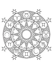 Zodiac Wheel Mandala - Detailed Astrology Symbols Coloring Page for Adults
