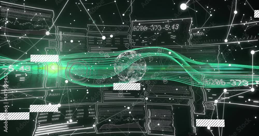 Poster digital globe being visualized in virtual interface, with green data stream and floating charts