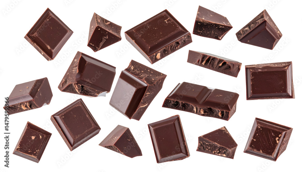 Aufkleber multiple chocolate chunks falling with transparent background