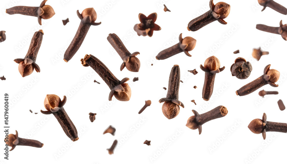 Poster cloves falling down with realistic texture and natural lighting on transparent background
