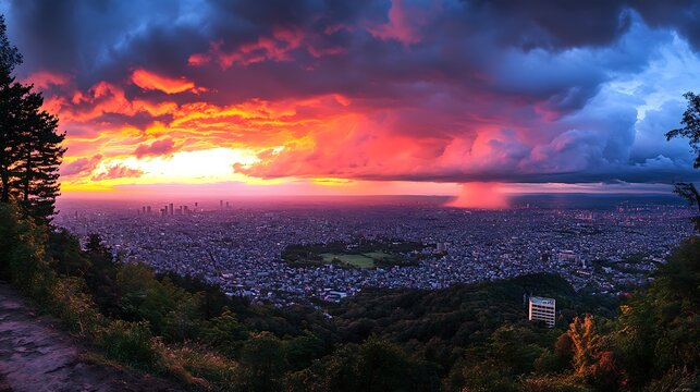 City panorama at sunset with dramatic clouds