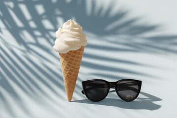 Enjoying ice cream cone in the sun with stylish sunglasses under palm shadows