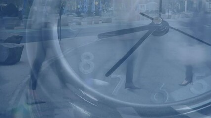 businessperson stepping across crosswalk, showing translucent clock overlay for marketing timing - Powered by Adobe