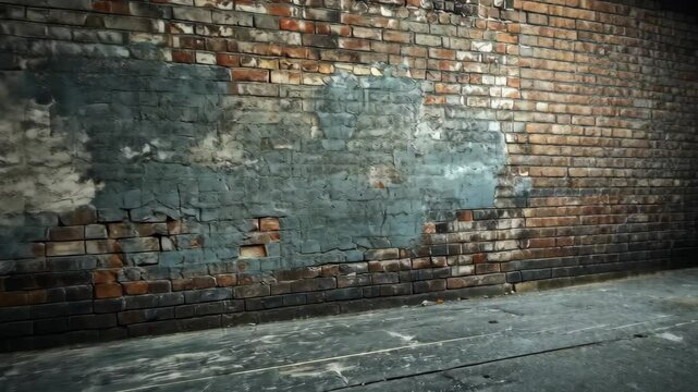 Weathered brick wall with gray plaster patches and a worn cement floor