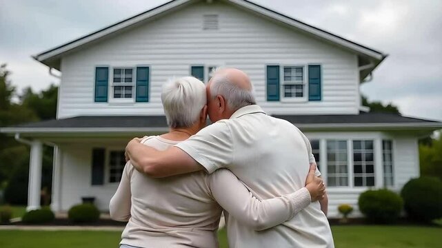 Elderly retiring couple hug front of their retirement home two-story house with a white roof and gray trim
