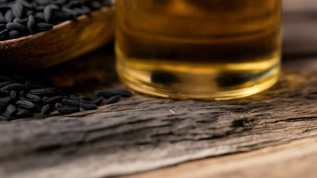 Still life composition featuring black cumin seeds and a bottle of golden oil on a rustic wooden surface.