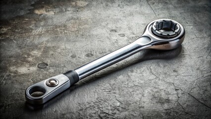 A gleaming metallic ratchet wrench rests on a textured surface, showcasing its robust construction and precision engineering