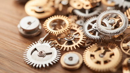 Intricate gears and cogs various sizes and finishes create visually appealing arrangement wooden surface, showcasing