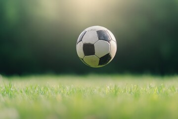 Fototapeta premium Soccer ball hovers over grass