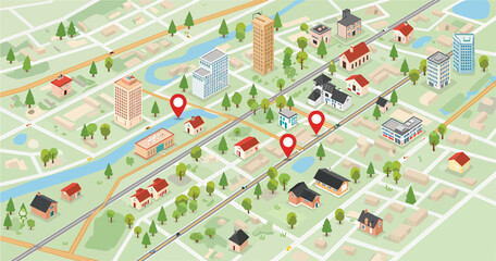 Vector Map Elements: Roads, Trees, Buildings, Location Pins © Tharindu