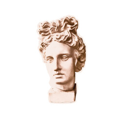 Obraz premium Trendy halftone collage of statue of Apollo's head cut out an of old newspaper. Isolated vector illustration colorful retro sticker with Dots texture. Vintage Pop art aesthetic, y2k vibe nostalgic