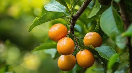 A close-up of Achacha fruits growing on a tree branch