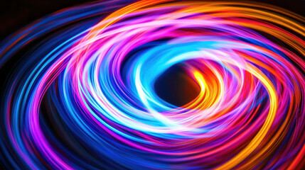 Vibrant glowing fiber optic strands swirl in mesmerizing pattern, creating dynamic visual experience